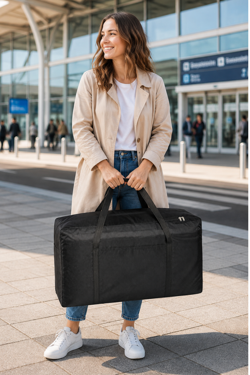 Large 96L Waterproof Travel Duffle Bag Lightweight Foldable Holdall – Black