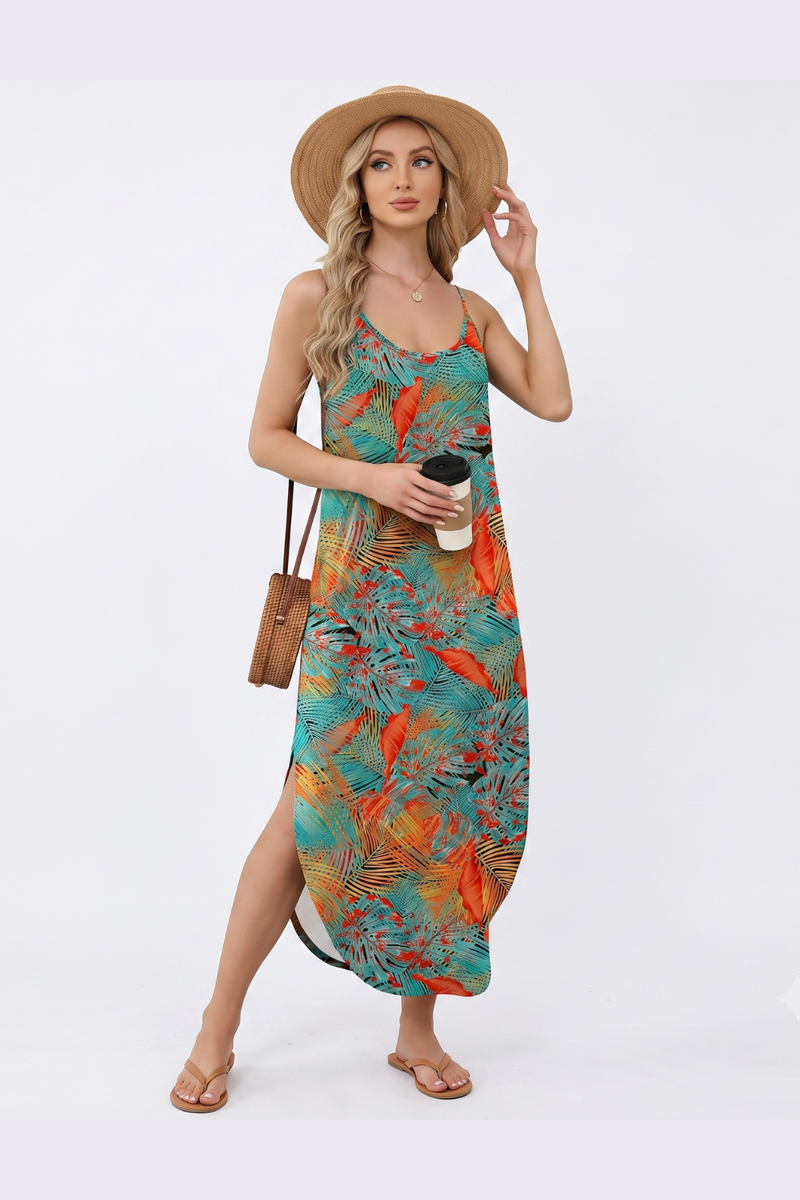 Women's Summer Midi Vest Dress Adjustable Straps Sleeveless Sundress with Pockets Casual Elegant Dress-Tropical Palm