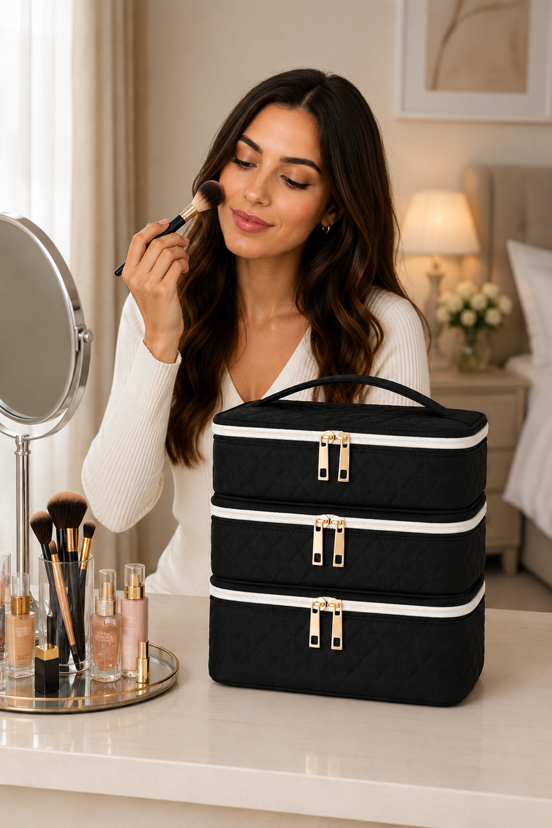 Nail Varnish Storage 3 Layer Makeup Bag Organiser with Compartments Black Vanity