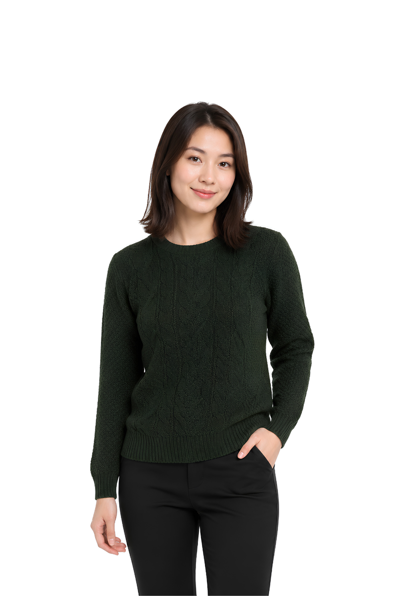 Ladies Cable Knit Crew Round Neck Long Sleeve Knitted Jumper Sweater - Olive