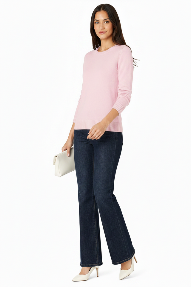 Women's 100% Cotton Crew Neck Jumper Lightweight Long Sleeve Knitted Sweater - Light Pink