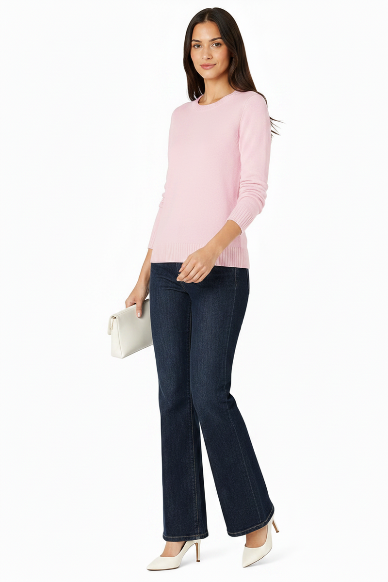Women's 100% Cotton Crew Neck Jumper Lightweight Long Sleeve Knitted Sweater - Light Pink