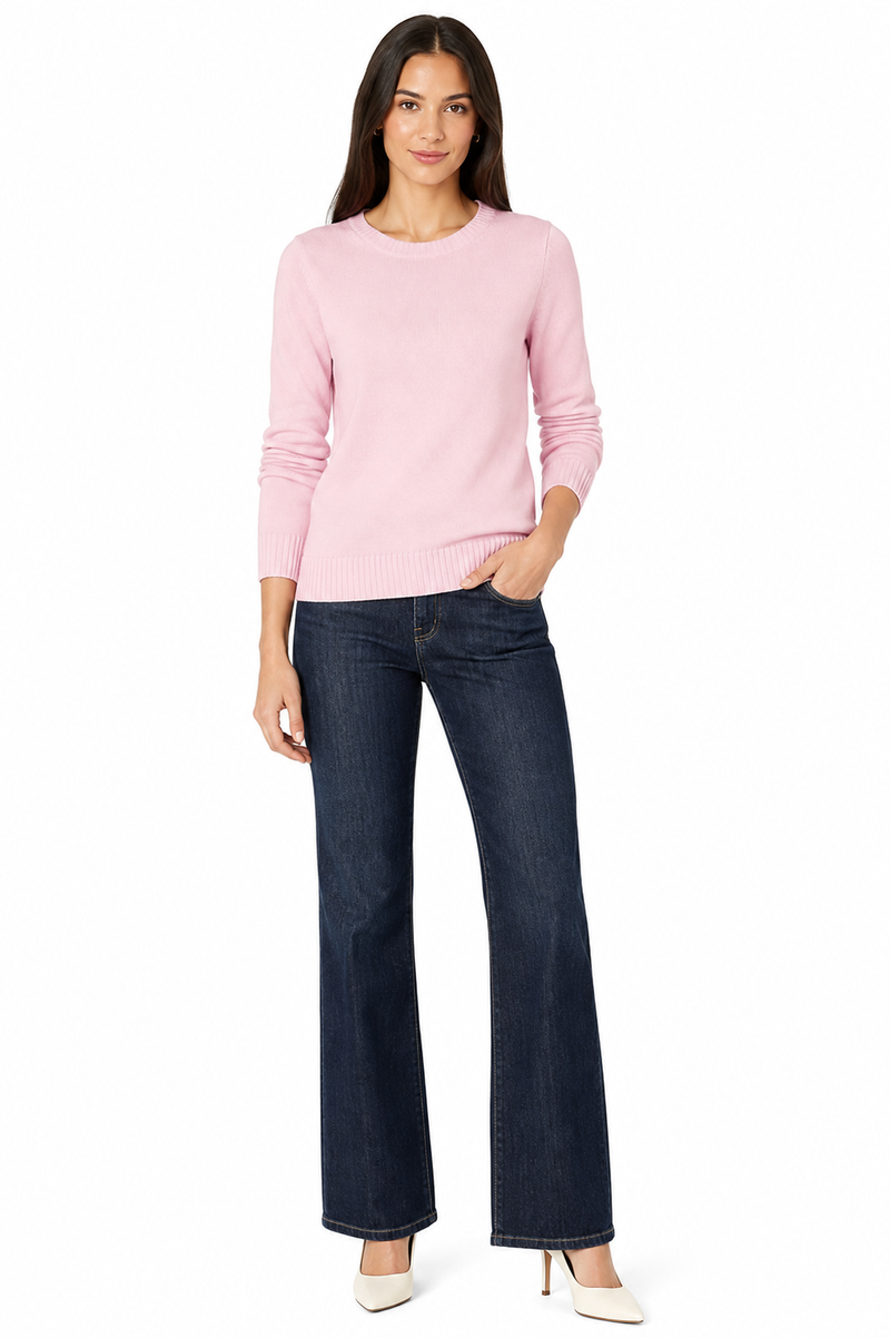 Women's 100% Cotton Crew Neck Jumper Lightweight Long Sleeve Knitted Sweater - Light Pink