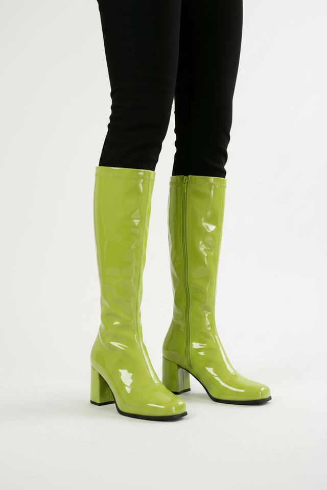 Women's Lime Green GoGo Boots Knee High Block Heel Retro Fancy Dress 1960s 1970s G-733