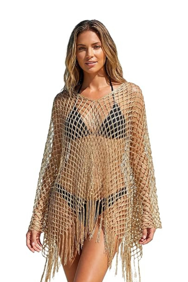Women's Beach Crochet Cover Up Dress V Neck Openwork Bikini Swimsuit Cover Up Tassel Summer Sheer Dress-Gold