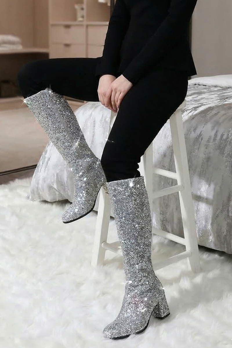 GOGO Boots 1960s & 1970s Retro Glitter Fancy Party Boots Silver GoGo boots-Glitter