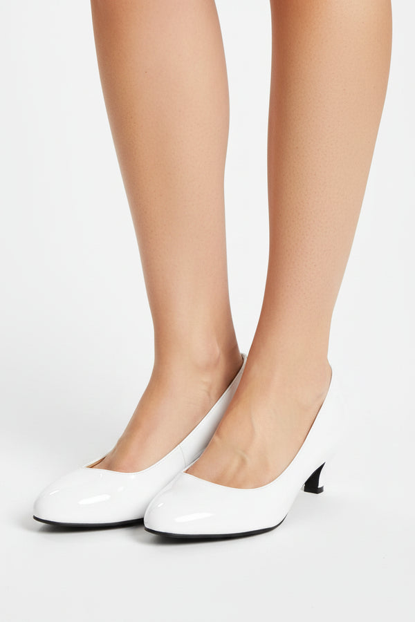 Women Round Toe Kitten Heel Shoes White Patent G-20 PLUS