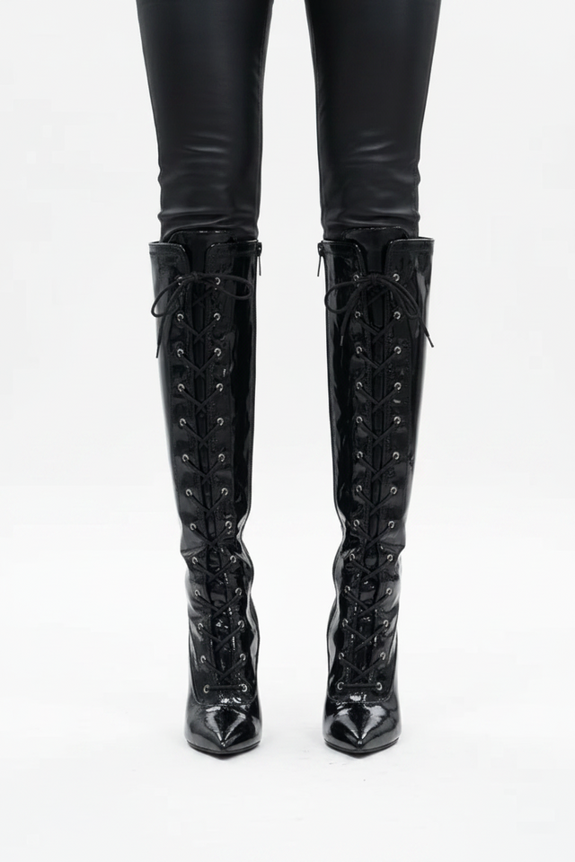 Women's Black Knee High Stiletto Heel Boots Lace Up Side Zip Pointed Toe G-13719