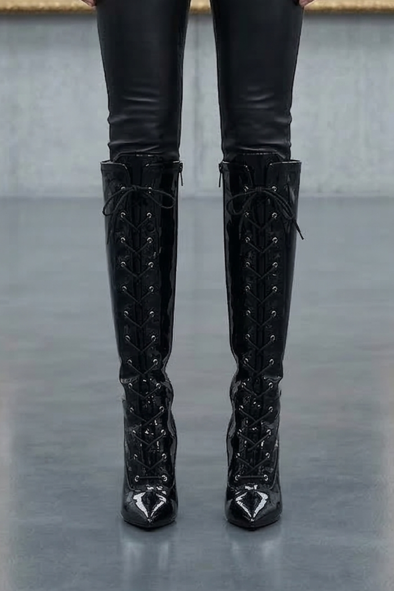 Women’s Knee High Stiletto heel Lace Up and Side Zipper Boots G-13719