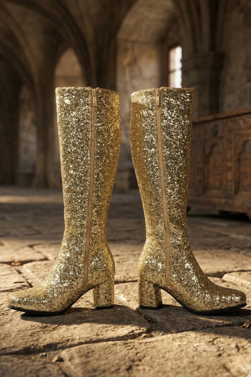 GOGO Boots 1960s & 1970s Retro Glitter Dancer Women Costume Heels Shoes Boots Golden GoGo boots