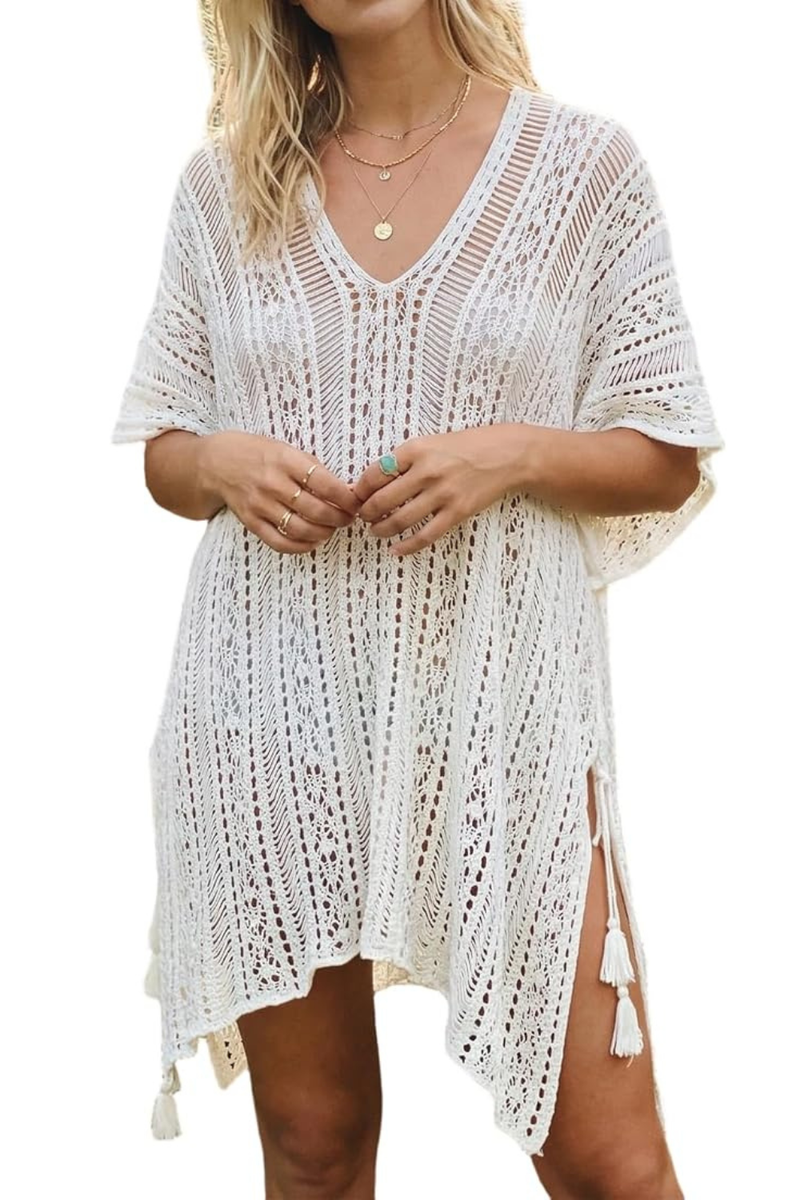 Women's Beach Crochet Cover Up Dress V Neck Openwork Bikini Swimsuit Cover Up Tassel Summer Sheer Dress-White