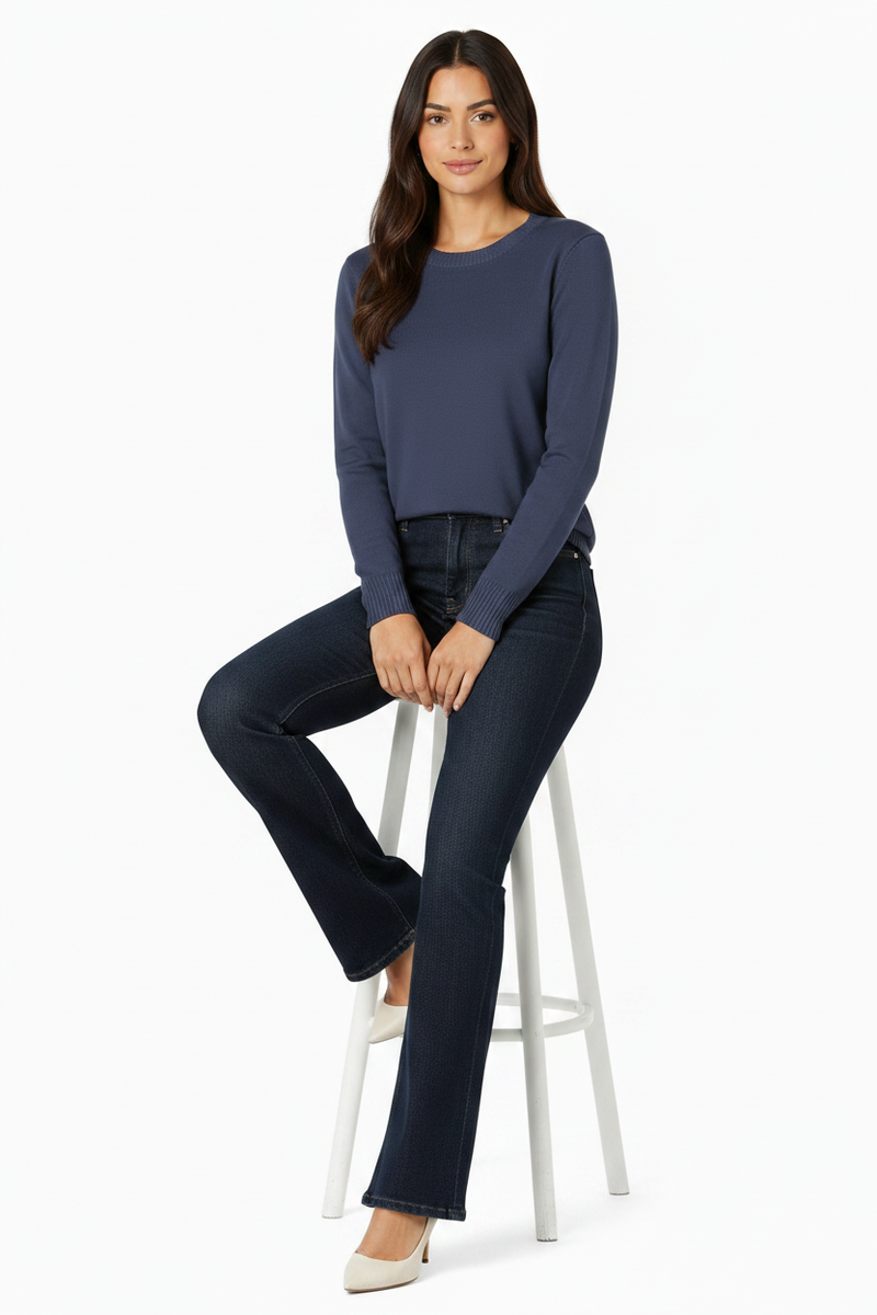 Women's 100% Cotton Crew Neck Jumper Lightweight Long Sleeve Knitted Sweater - Navy