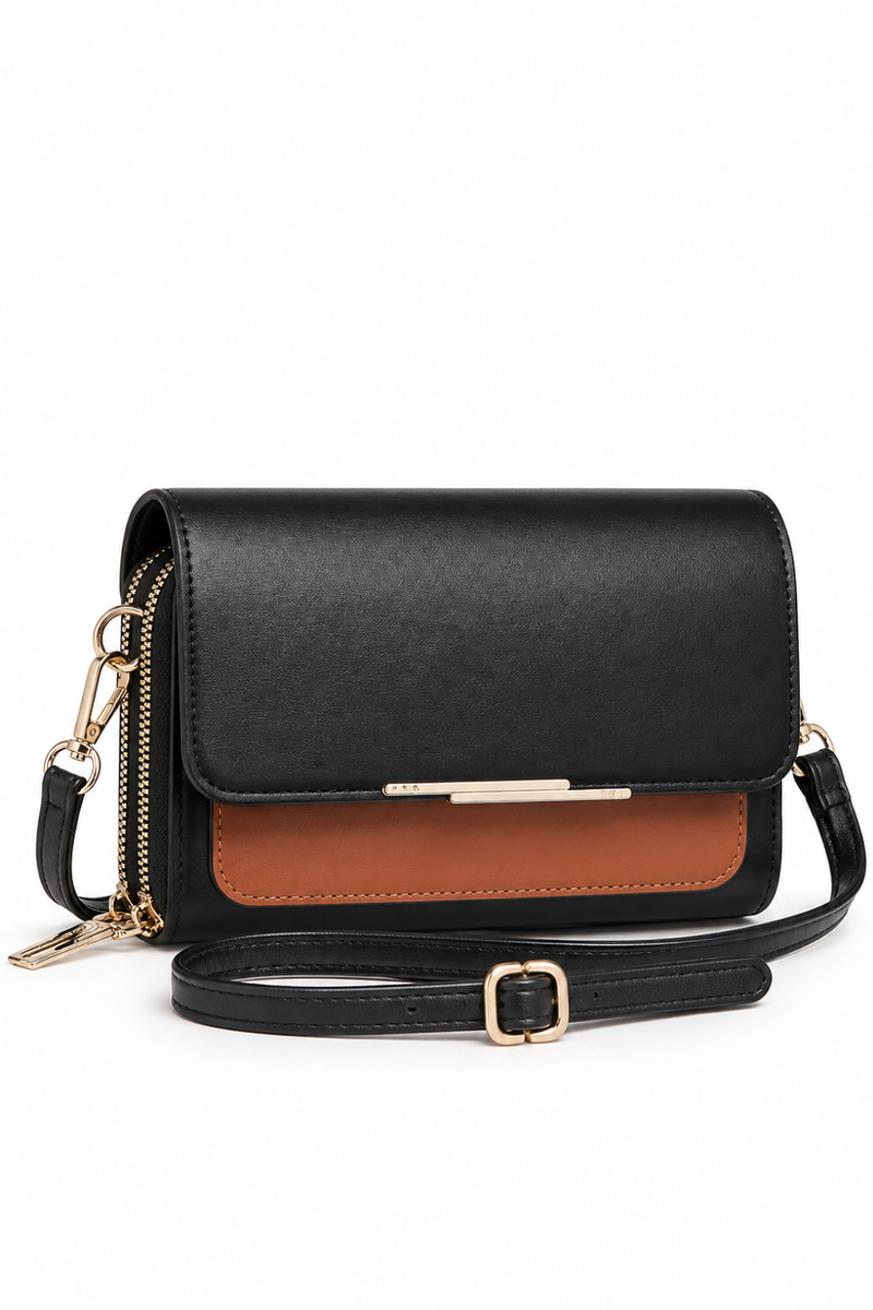 Women's PU Leather Crossbody Phone Bag with Card Holder & Adjustable Strap-Black/Brown