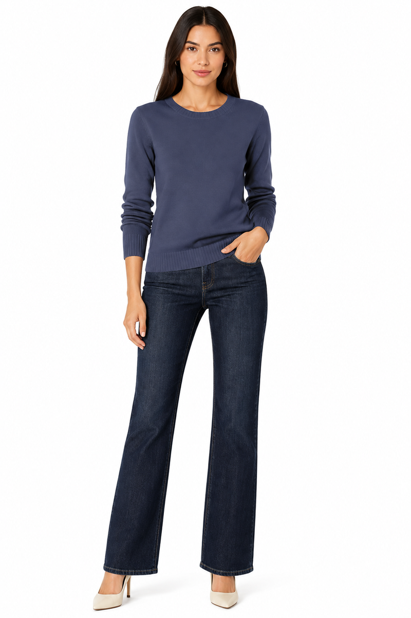 Women's 100% Cotton Crew Neck Jumper Lightweight Long Sleeve Knitted Sweater - Navy
