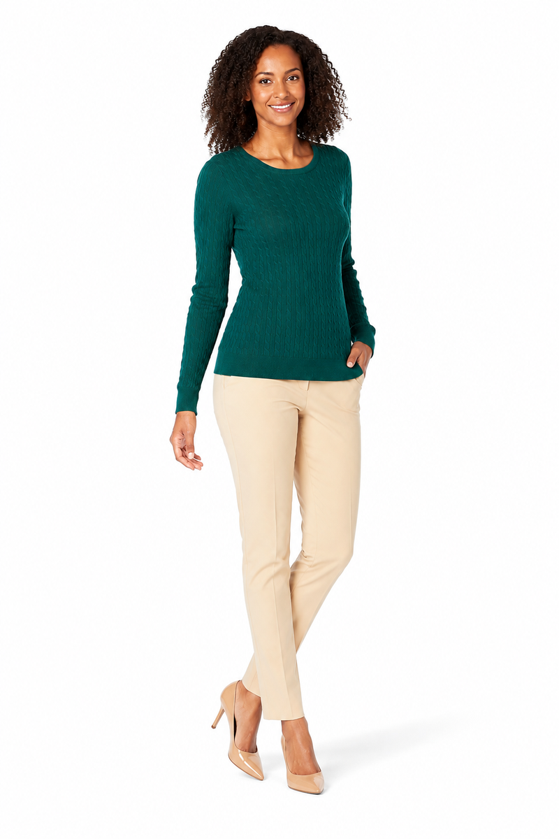 Women's Lightweight Cable Knit Jumper - Dark Green