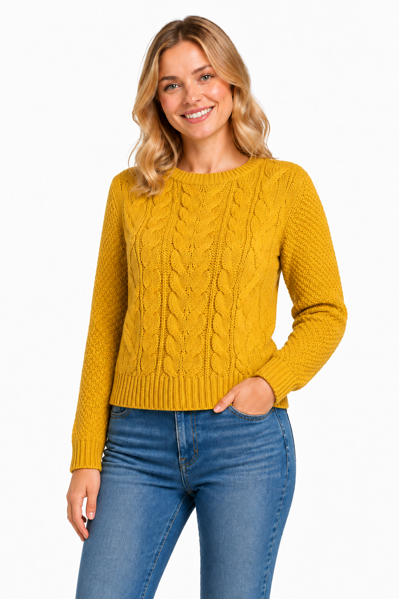 Ladies Cable Knit Crew Round Neck Long Sleeve Knitted Jumper Sweater - Mustard