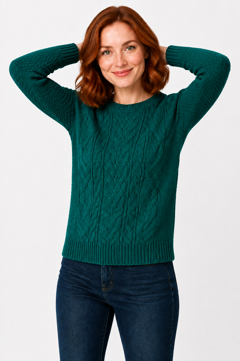 Ladies Cable Knit Crew Round Neck Long Sleeve Knitted Jumper Sweater - Bottle Green
