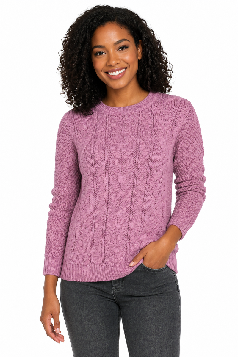 Ladies Cable Knit Crew Round Neck Long Sleeve Knitted Jumper Sweater - Pink