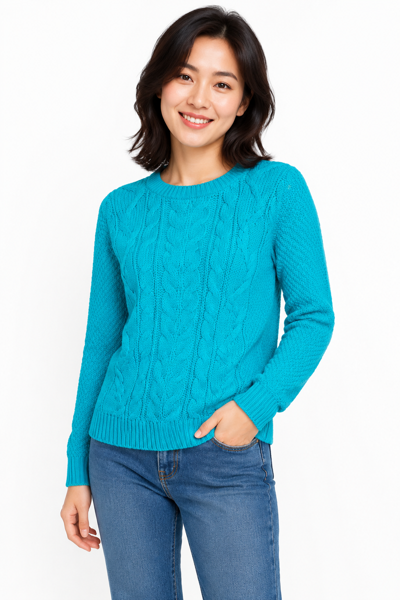 Ladies Cable Knit Crew Round Neck Long Sleeve Knitted Jumper Sweater - Truquoise