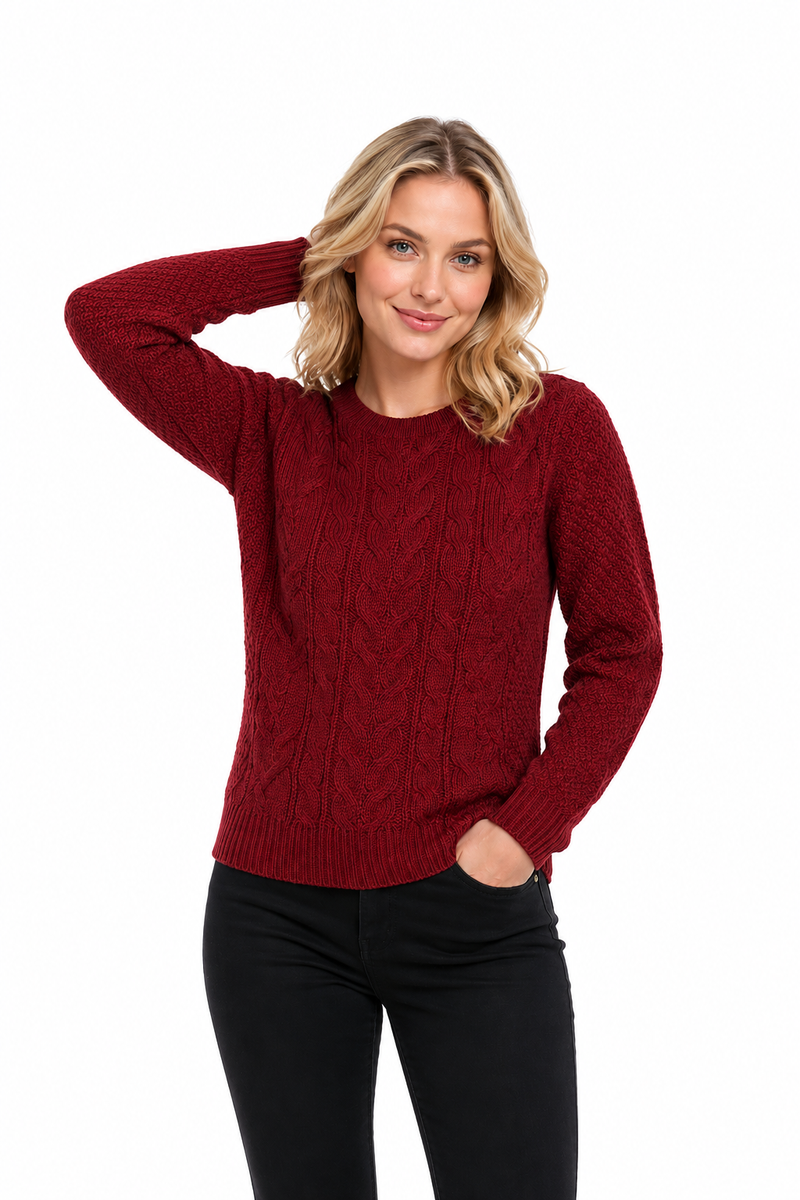 Ladies Cable Knit Crew Round Neck Long Sleeve Knitted Jumper Sweater - Wine Red