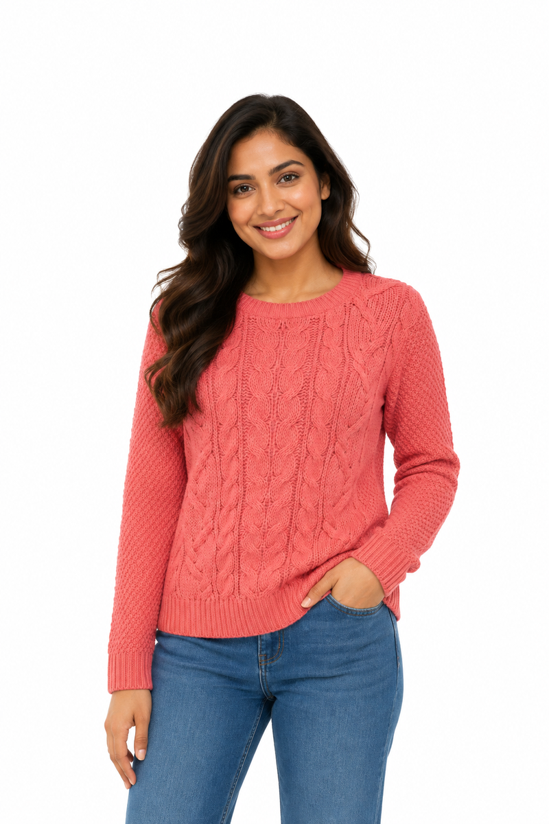 Ladies Cable Knit Crew Round Neck Long Sleeve Knitted Jumper Sweater - Coral
