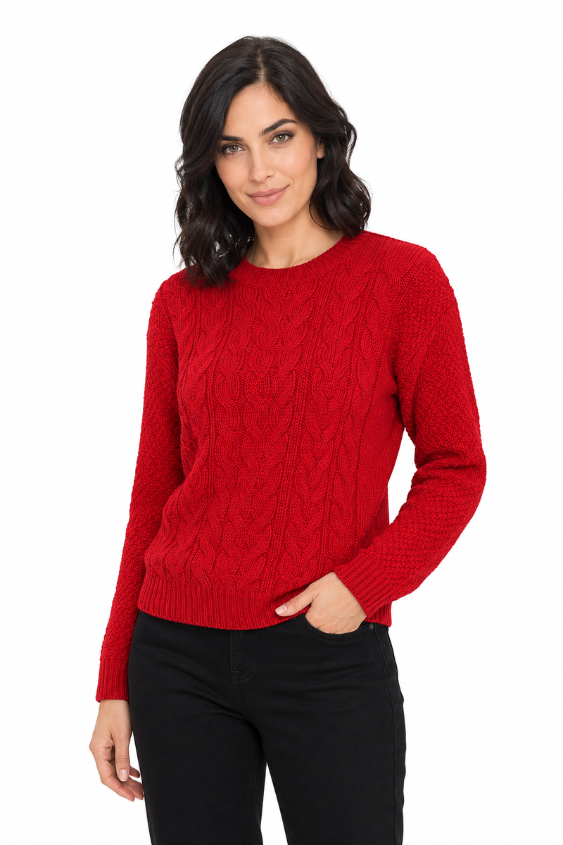 Ladies Cable Knit Crew Round Neck Long Sleeve Knitted Jumper Sweater - Red
