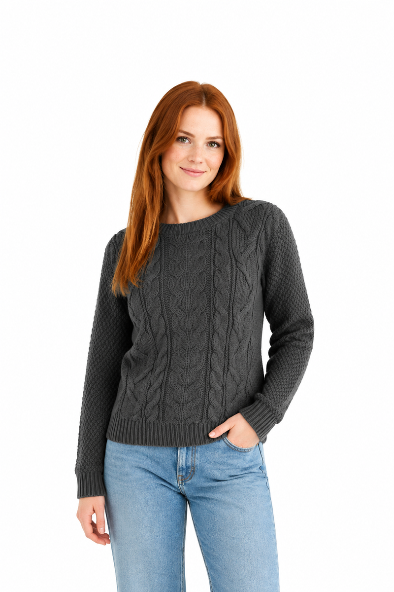 Ladies Cable Knit Crew Round Neck Long Sleeve Knitted Jumper Sweater - Charcoal Grey