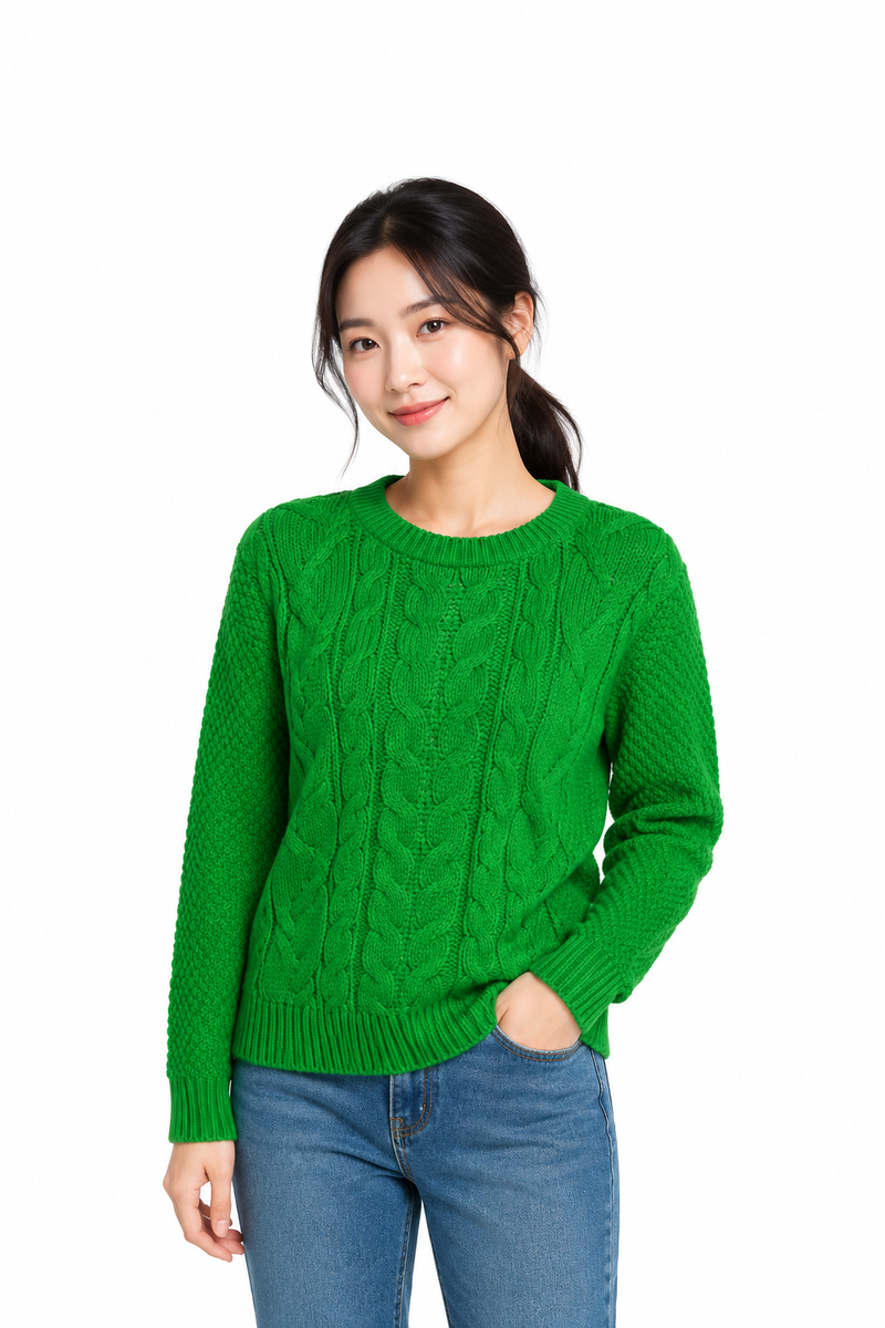 Ladies Cable Knit Crew Round Neck Long Sleeve Knitted Jumper Sweater - Jade
