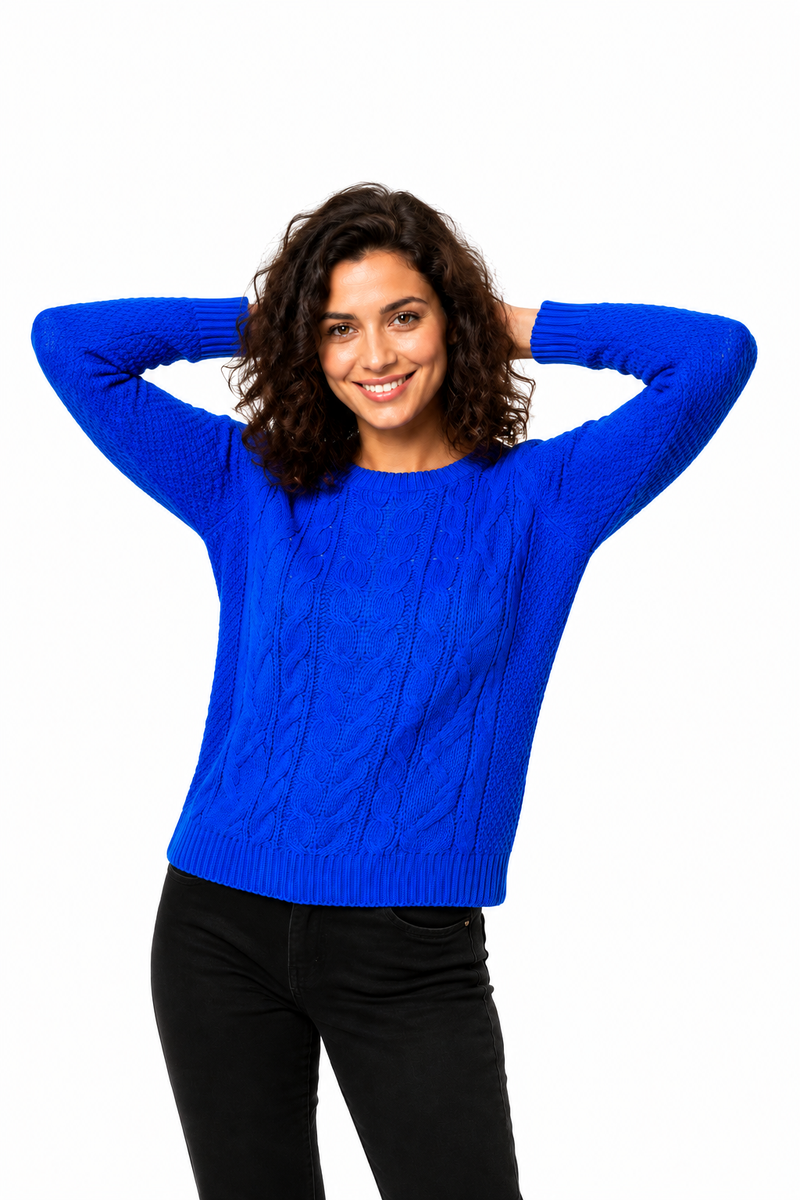 Ladies Cable Knit Crew Round Neck Long Sleeve Knitted Jumper Sweater - Royal Blue