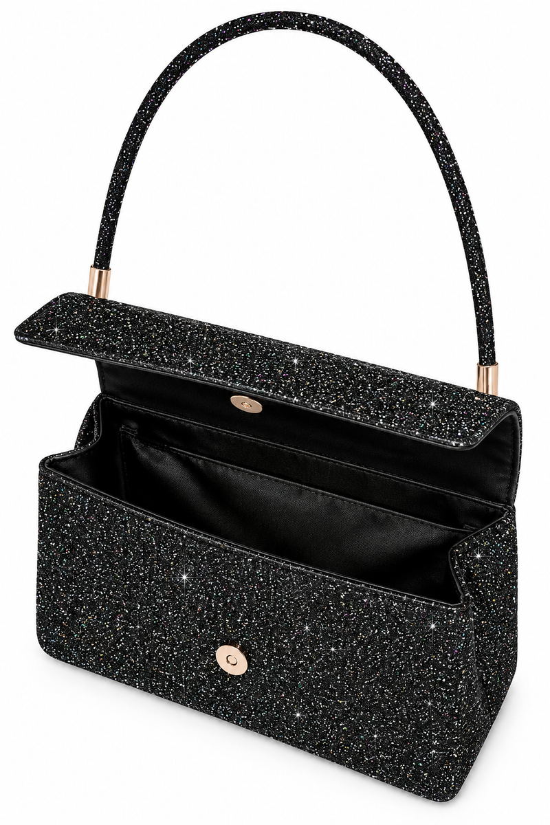 Women's Black Sparkly Sequin Clutch Bag with Handle & Detachable Chain