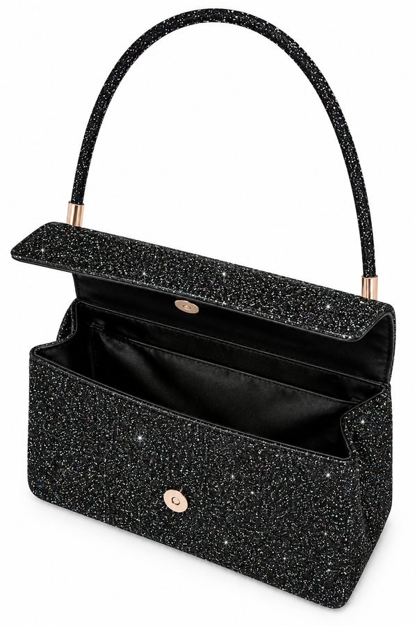 Women's Black Sparkly Sequin Clutch Bag with Handle & Detachable Chain