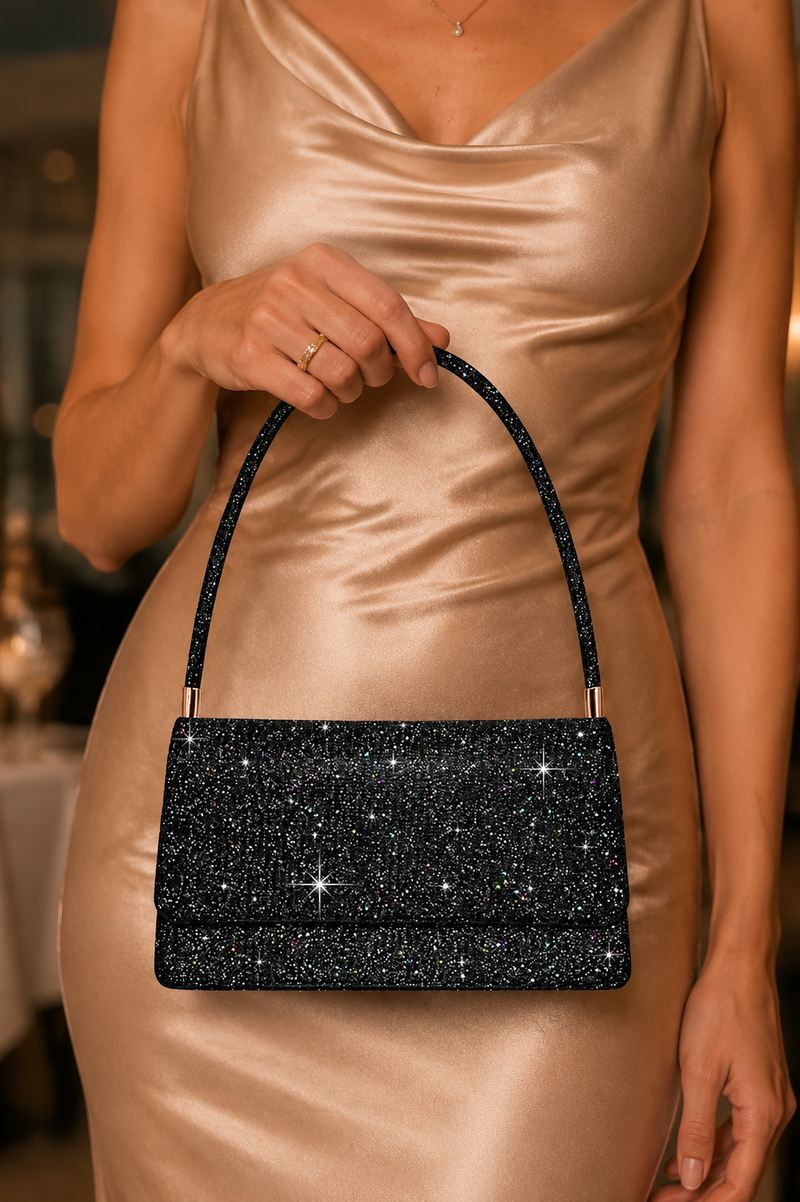 Women's Black Sparkly Sequin Clutch Bag with Handle & Detachable Chain