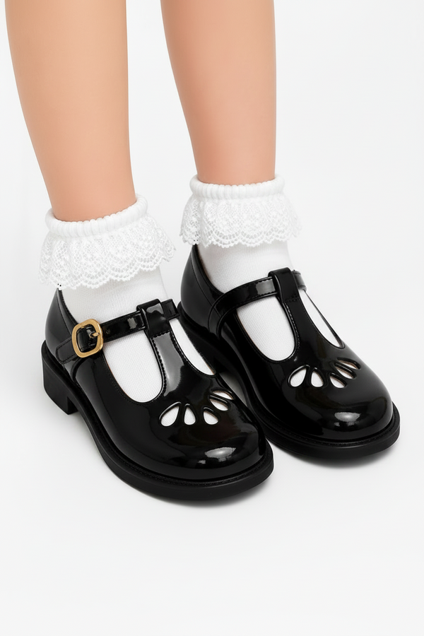 Girls Black Patent Mary Jane School Shoes with Gold Buckle C/S-20