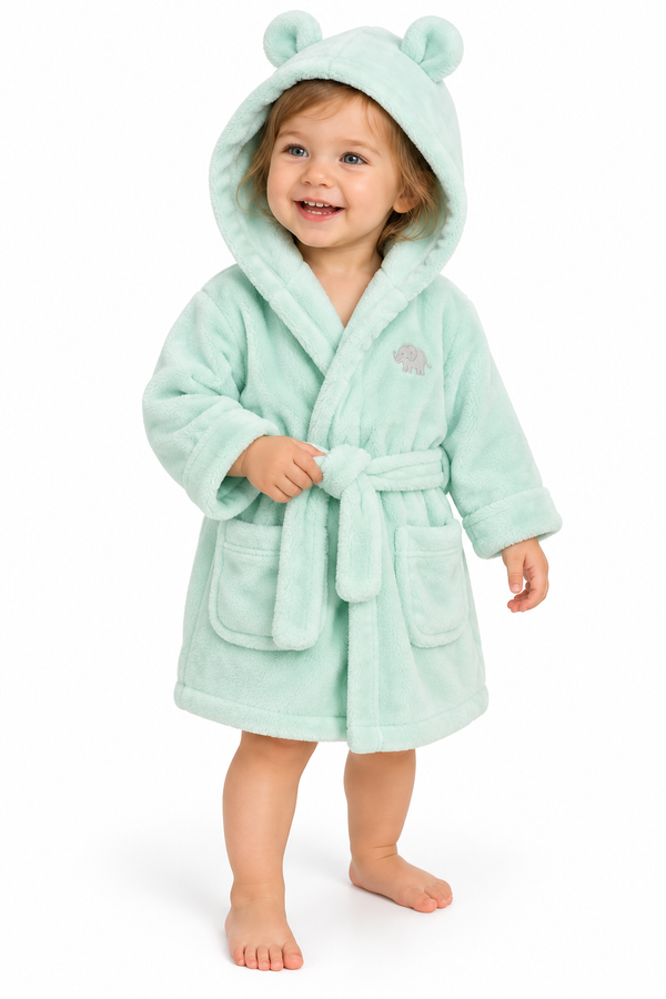 Baby Hooded Plush Fleece Bathrobe with Ears – Mint Green Dressing Gown for Boys & Girls