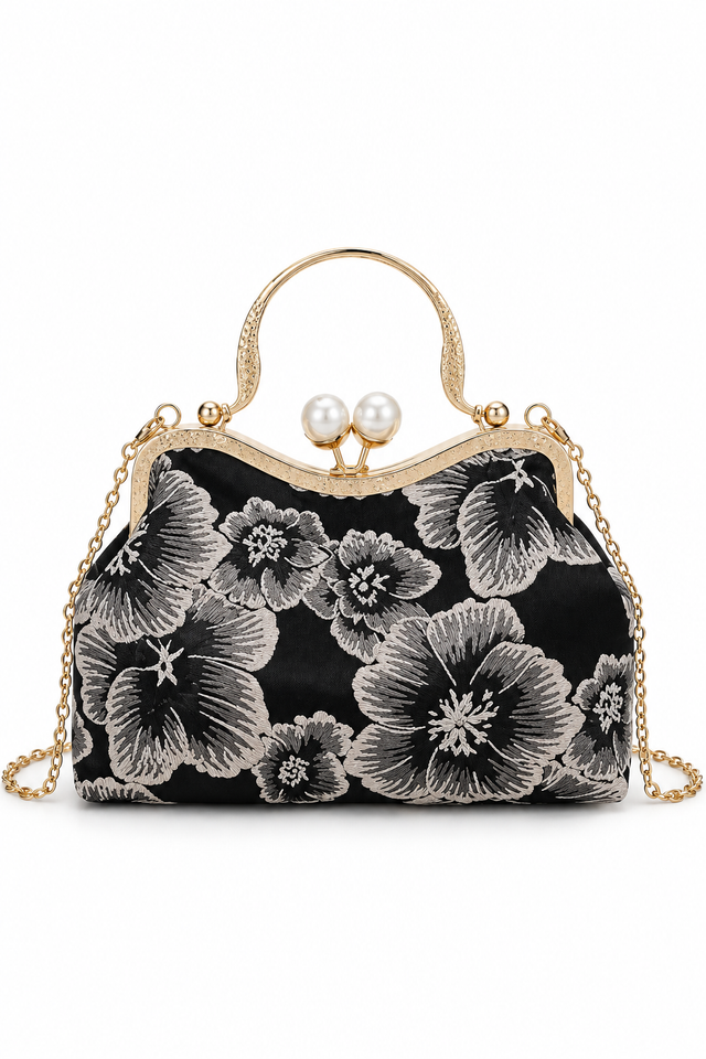 Stylo Empire Black Floral Evening Clutch Bag with Pearl-Style Clasp & Chain