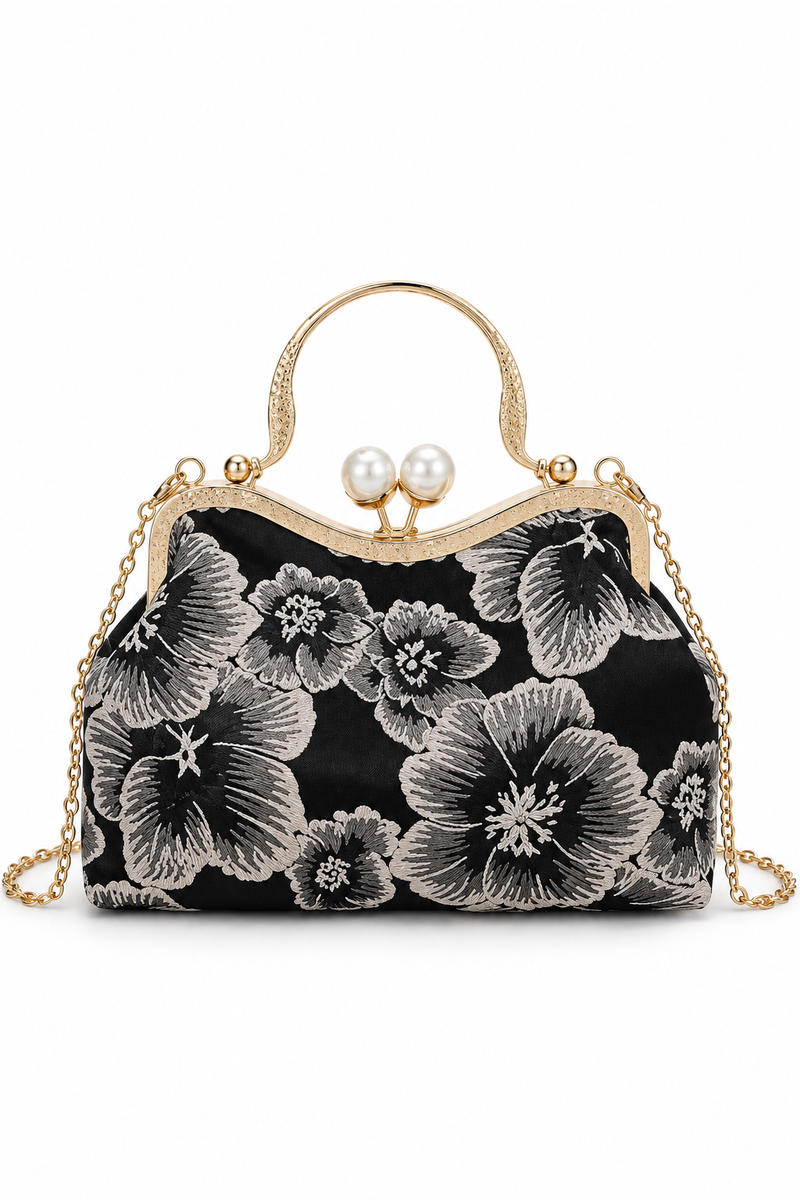 Stylo Empire Black Floral Evening Clutch Bag with Pearl-Style Clasp & Chain