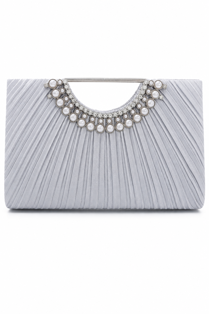 Women's Pleated Evening Clutch Bag with Pearl Handle & Chain Strap