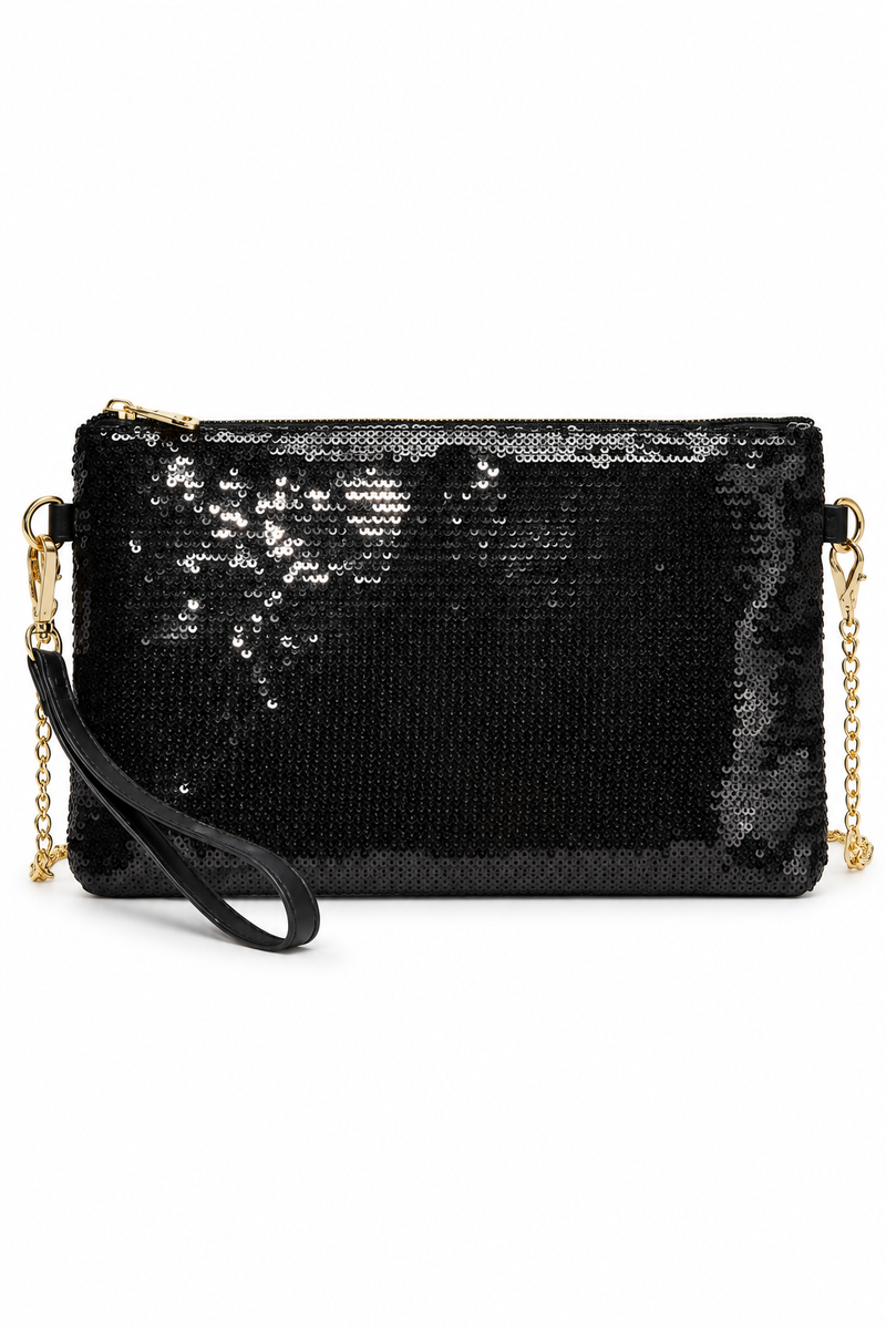 Stylo Empire Black Sequin Clutch Bag with Detachable Chain & Wrist Strap