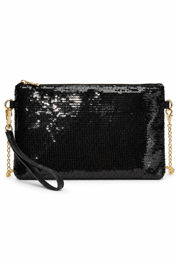 Stylo Empire Black Sequin Clutch Bag with Detachable Chain & Wrist Strap