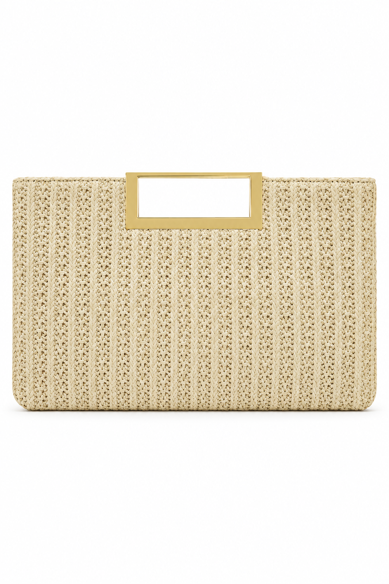 Stylo Empire Beige Woven Clutch Bag with Gold-Tone Handle & Detachable Strap