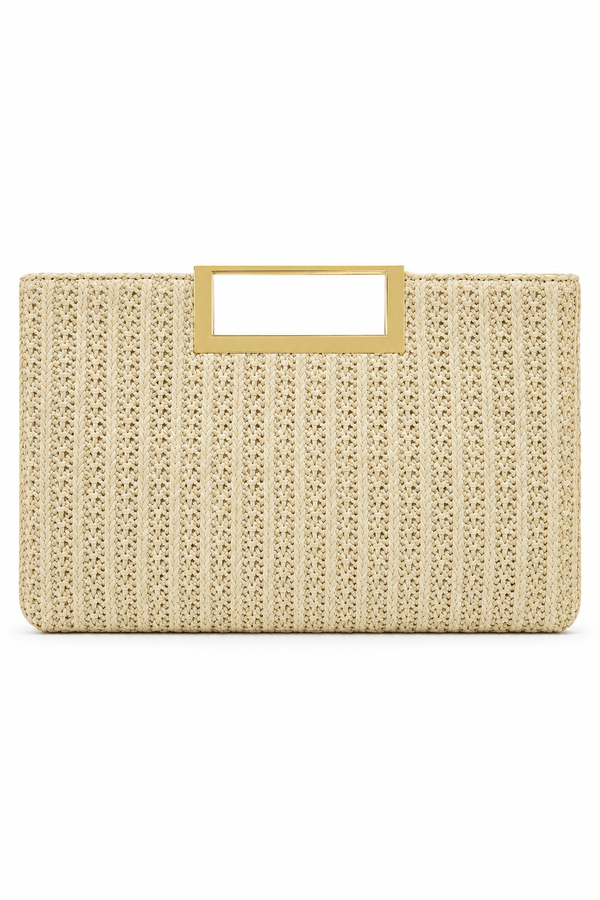 Stylo Empire Beige Woven Clutch Bag with Gold-Tone Handle & Detachable Strap