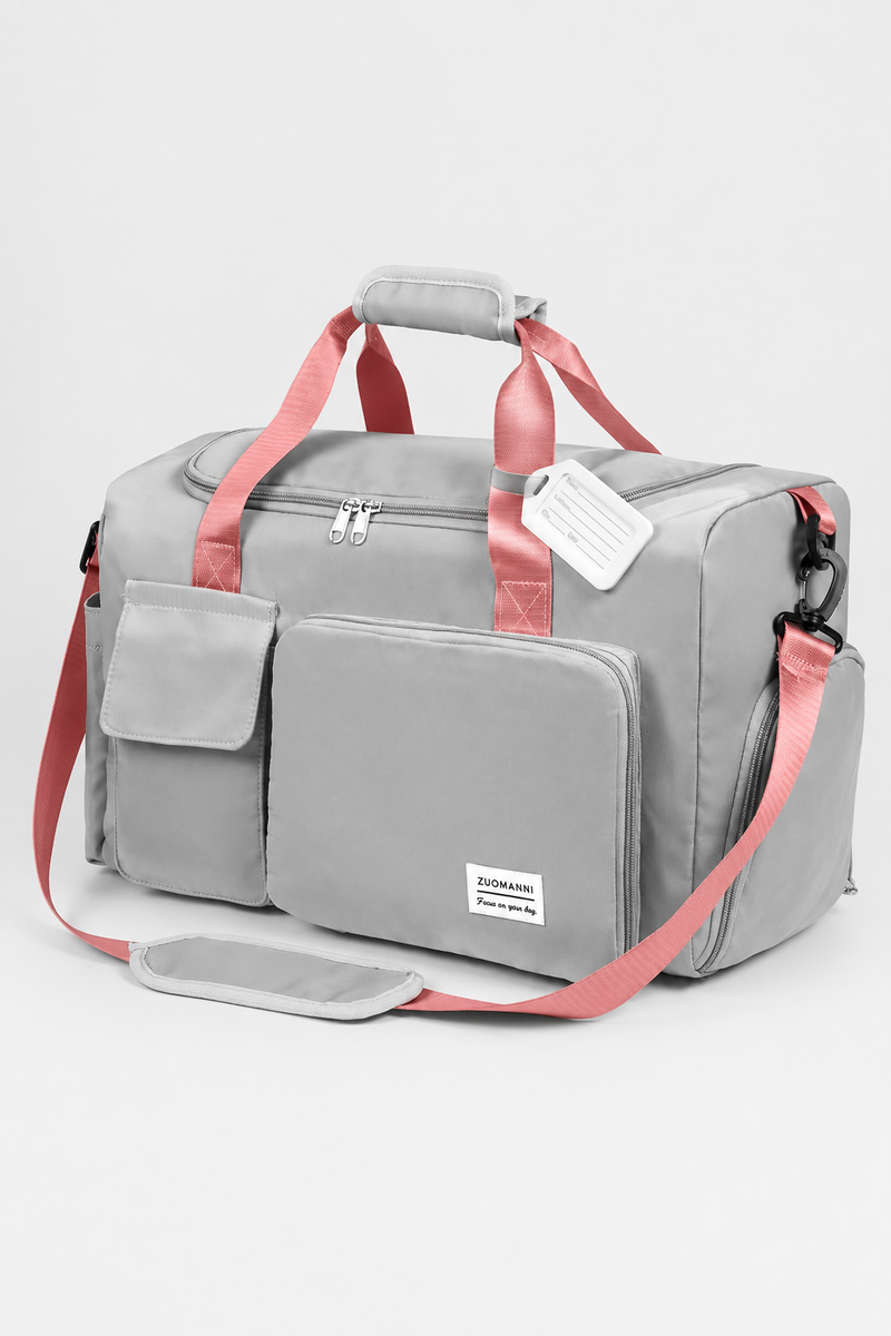 Women's Grey & Pink Foldable Travel Duffel Bag 35L Expandable 50L Gym Weekend Holdall