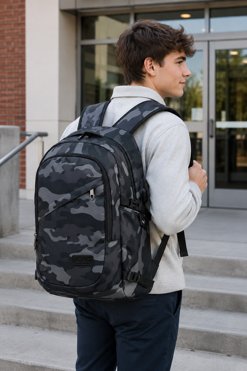 Kono Laptop Backpack 15.6 Inch | Anti Theft Black Rucksack with USB Charging Port