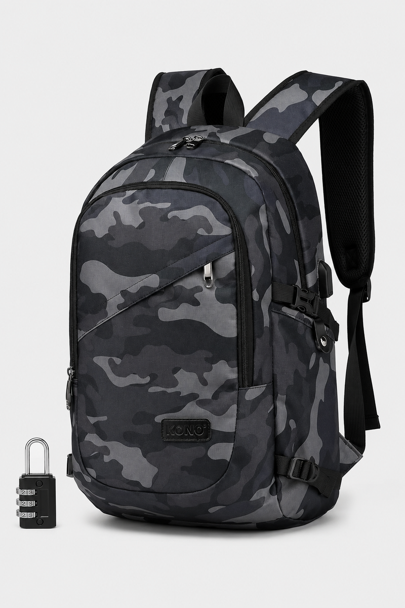 Kono Laptop Backpack 15.6 Inch | Anti Theft Black Rucksack with USB Charging Port