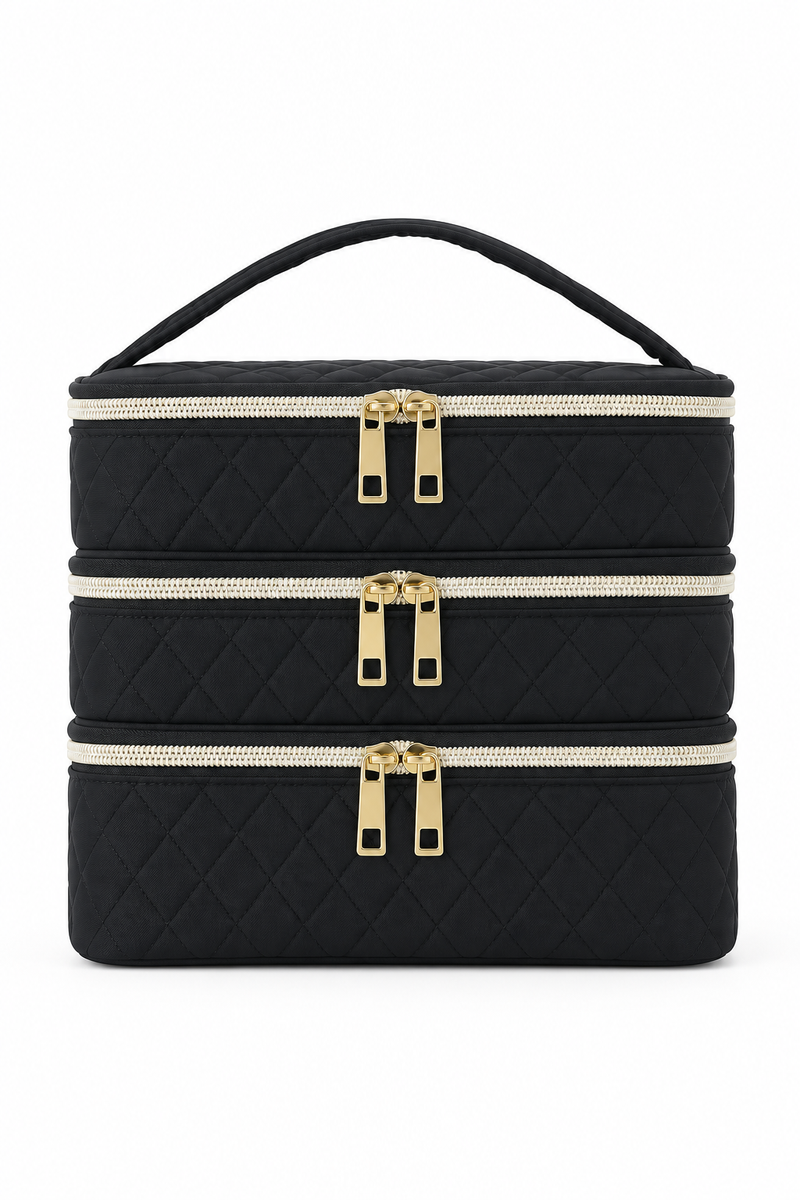 Nail Varnish Storage 3 Layer Makeup Bag Organiser with Compartments Black Vanity