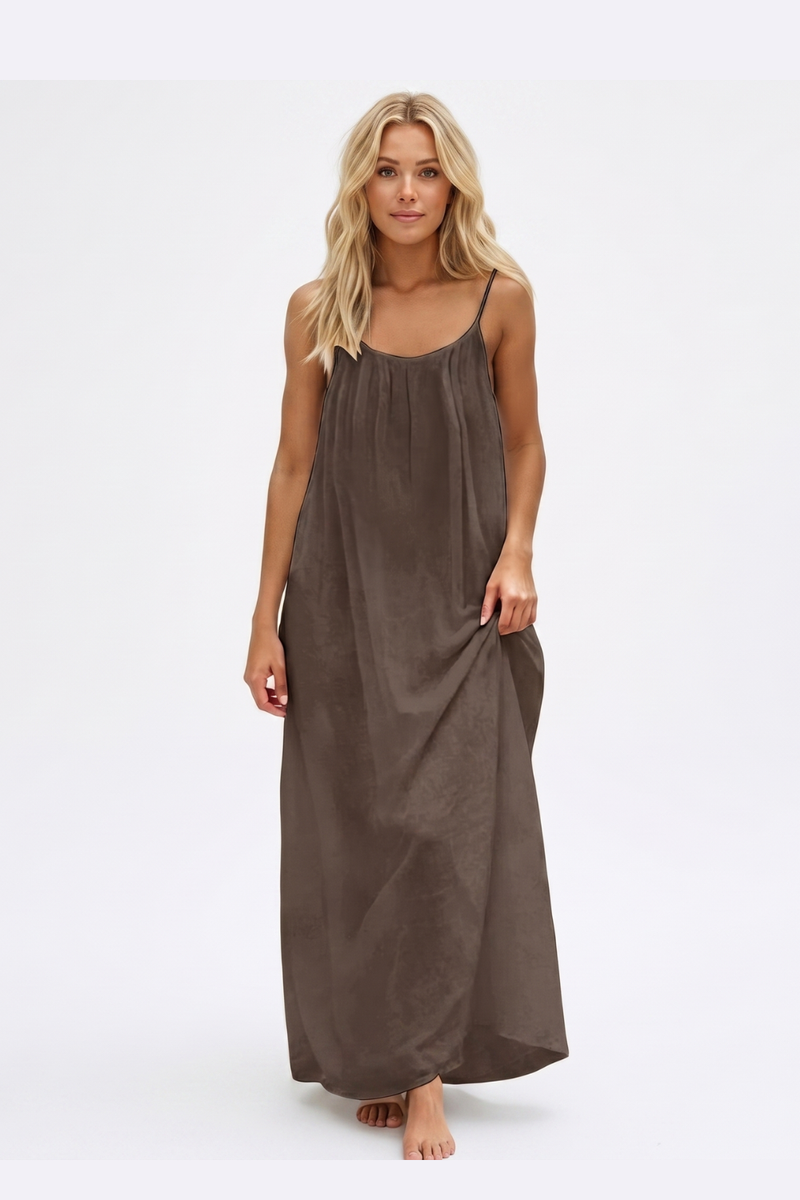 Women's Summer Backless Cami Maxi Dress Sleeveless Flowy Beach Sundress with Adjustable Spaghetti Straps - Camel