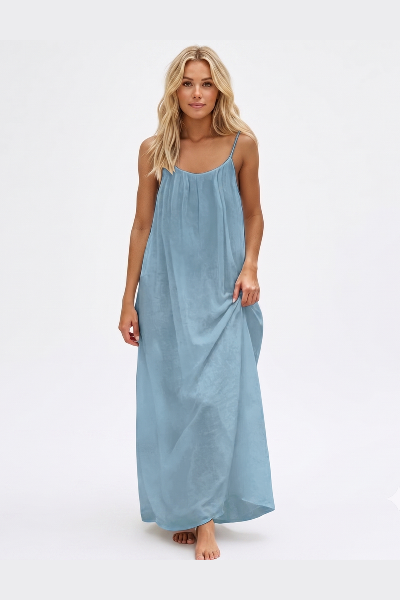 Women's Summer Backless Cami Maxi Dress Sleeveless Flowy Beach Sundress with Adjustable Spaghetti Straps - Light Blue