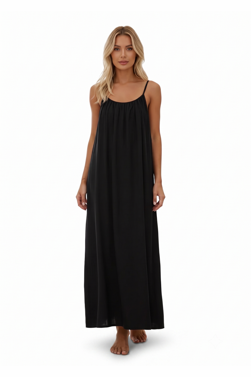 Women's Summer Backless Cami Maxi Dress Sleeveless Flowy Beach Sundress with Adjustable Spaghetti Straps - Black