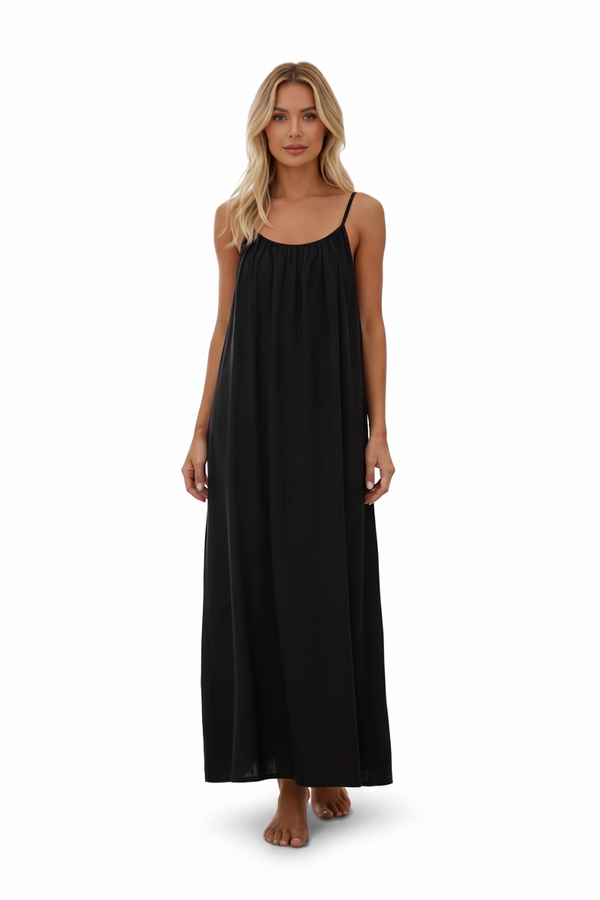 Women's Summer Backless Cami Maxi Dress Sleeveless Flowy Beach Sundress with Adjustable Spaghetti Straps - Black