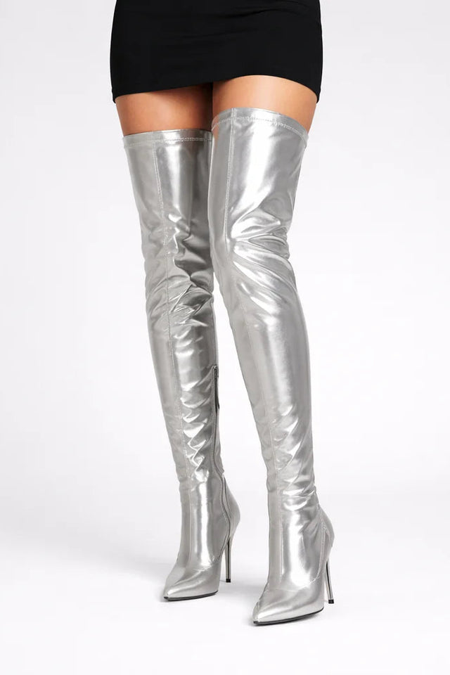 Women's Silver Thigh High Over The Knee Stiletto Boots Zip BS-12051